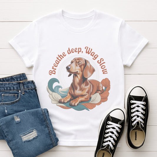 White Gildan 6400 unisex t-shirt with retro dog graphic and ‘Breathe deep, Wag Slow’ text, perfect for dog lovers.
