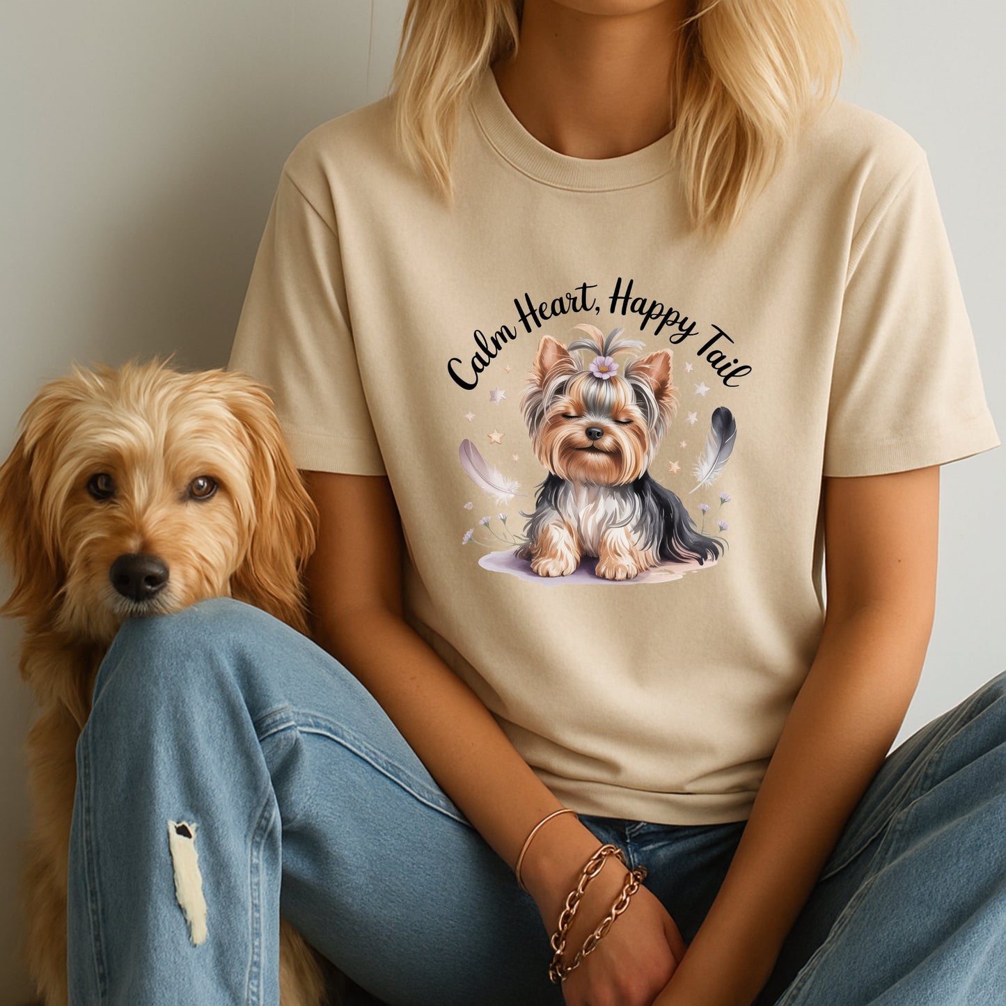 Sand Beige unisex t-shirt with retro dog graphic and ‘Breathe deep, 'Calm Heart, Happy Tail’ text, perfect for dog lovers.