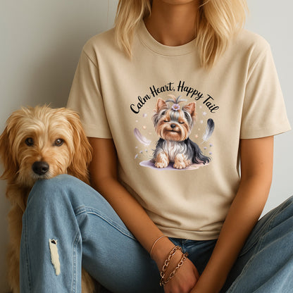 Sand Beige unisex t-shirt with retro dog graphic and ‘Breathe deep, 'Calm Heart, Happy Tail’ text, perfect for dog lovers.