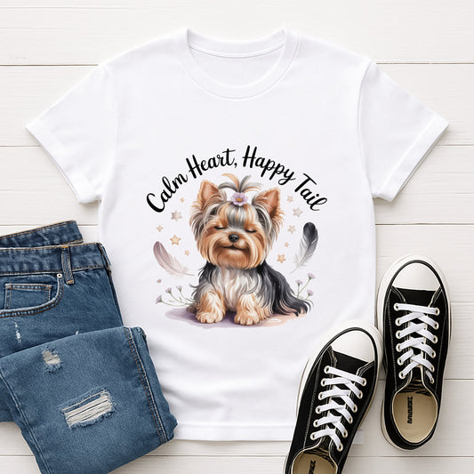 White Gildan 6400 unisex t-shirt with retro dog graphic and ‘Breathe deep, 'Calm Heart, Happy Tail’ text, perfect for dog lovers.