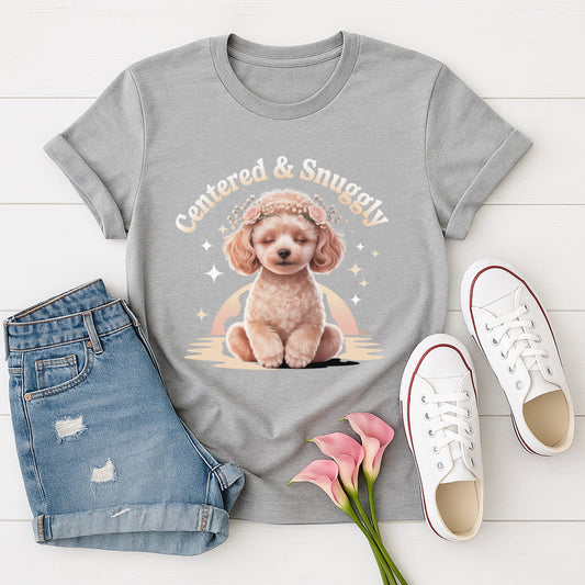 Sport Gray Gildan 6400 unisex t-shirt with retro dog graphic and ‘Centered & Snuggly’ text, perfect for dog lovers.