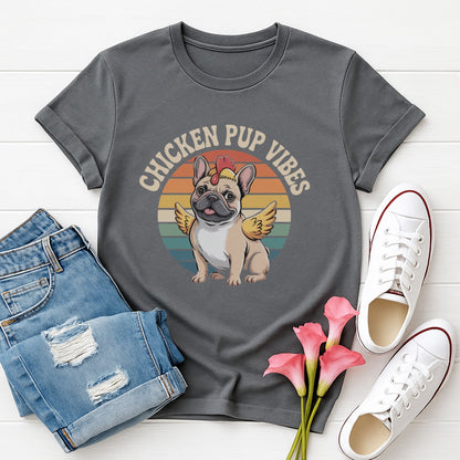 Charcoal Gray Gildan 6400 unisex t-shirt with retro dog graphic and ‘CHICKEN PUP VIBES’ text, perfect for dog lovers.