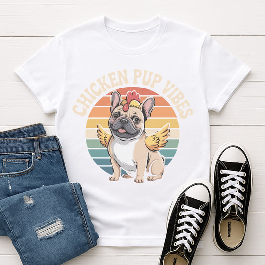 White Gildan 6400 unisex t-shirt with retro dog graphic and ‘CHICKEN PUP VIBES’ text, perfect for dog lovers.