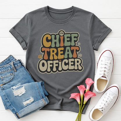 Charcoal Gray Gildan 6400 unisex t-shirt with retro dog graphic and ‘Chief Treat Officer’ text, perfect for dog lovers.