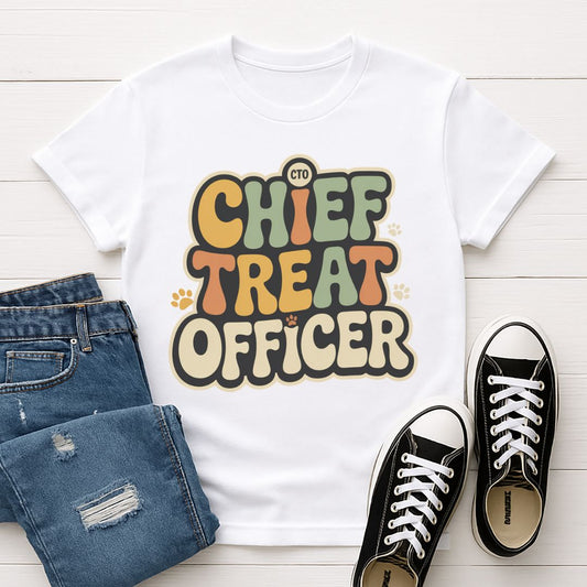 White Gildan 6400 unisex t-shirt with retro dog graphic and ‘Chief Treat Officer’ text, perfect for dog lovers.