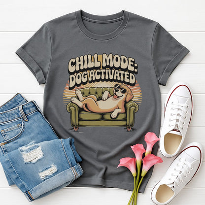 Charcoal Gildan 6400 unisex t-shirt with retro dog graphic and ‘Chill Mode Dog Activated’ text, perfect for dog lovers.