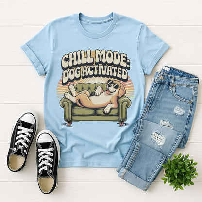 Light Blue Gildan 6400 unisex t-shirt with retro dog graphic and ‘Chill Mode Dog Activated’ text, perfect for dog lovers.
