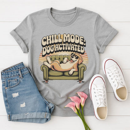 Sport Gray Gildan 6400 unisex t-shirt with retro dog graphic and ‘Chill Mode Dog Activated’ text, perfect for dog lovers.