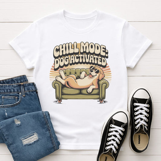 White Gildan 6400 unisex t-shirt with retro dog graphic and ‘Chill Mode Dog Activated’ text, perfect for dog lovers.