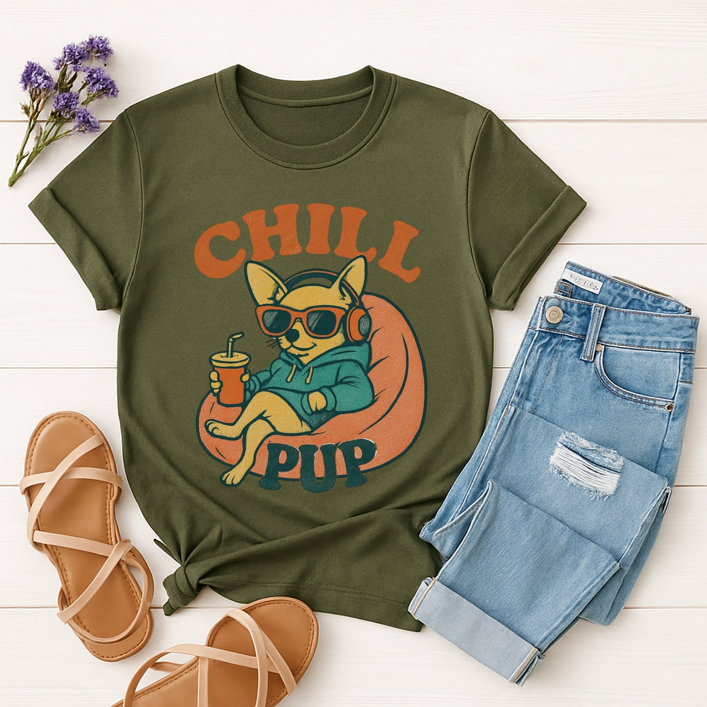 Military Green Gildan 6400 unisex t-shirt with retro dog graphic and ‘Chill Pup’ text, perfect for dog lovers.