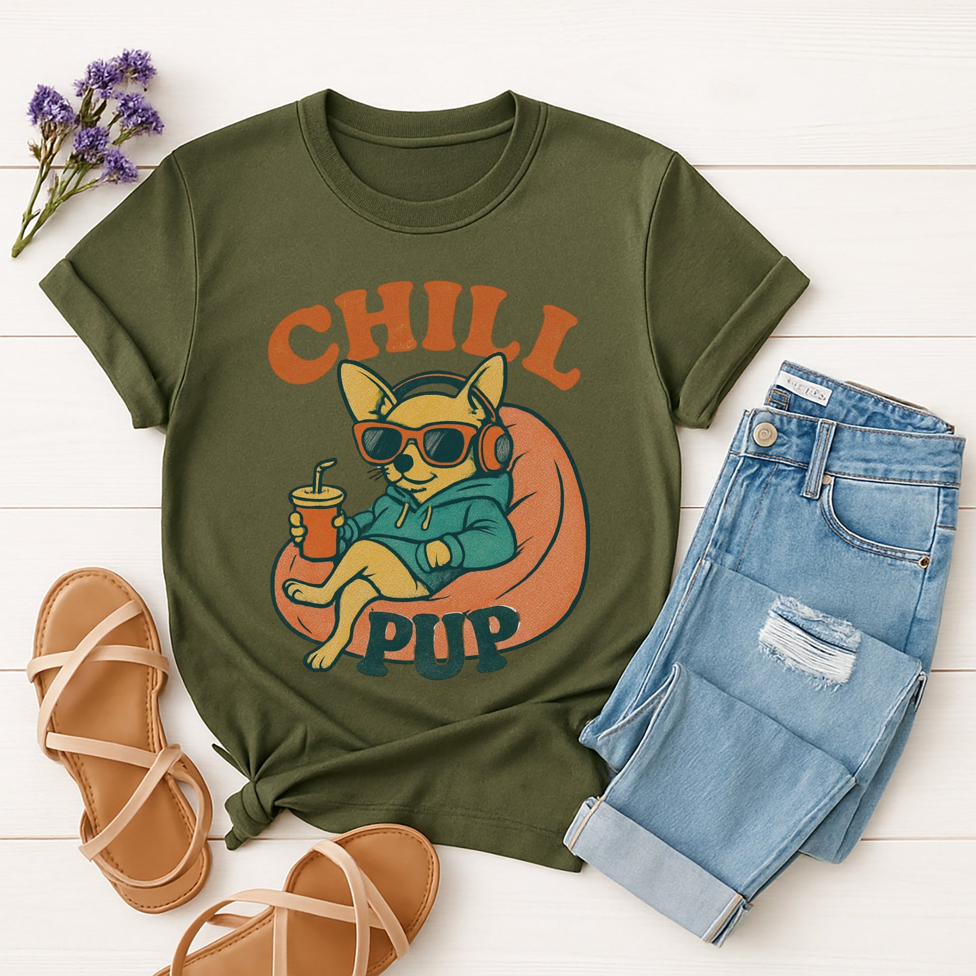 Military Green Gildan 6400 unisex t-shirt with retro dog graphic and ‘Chill Pup’ text, perfect for dog lovers.