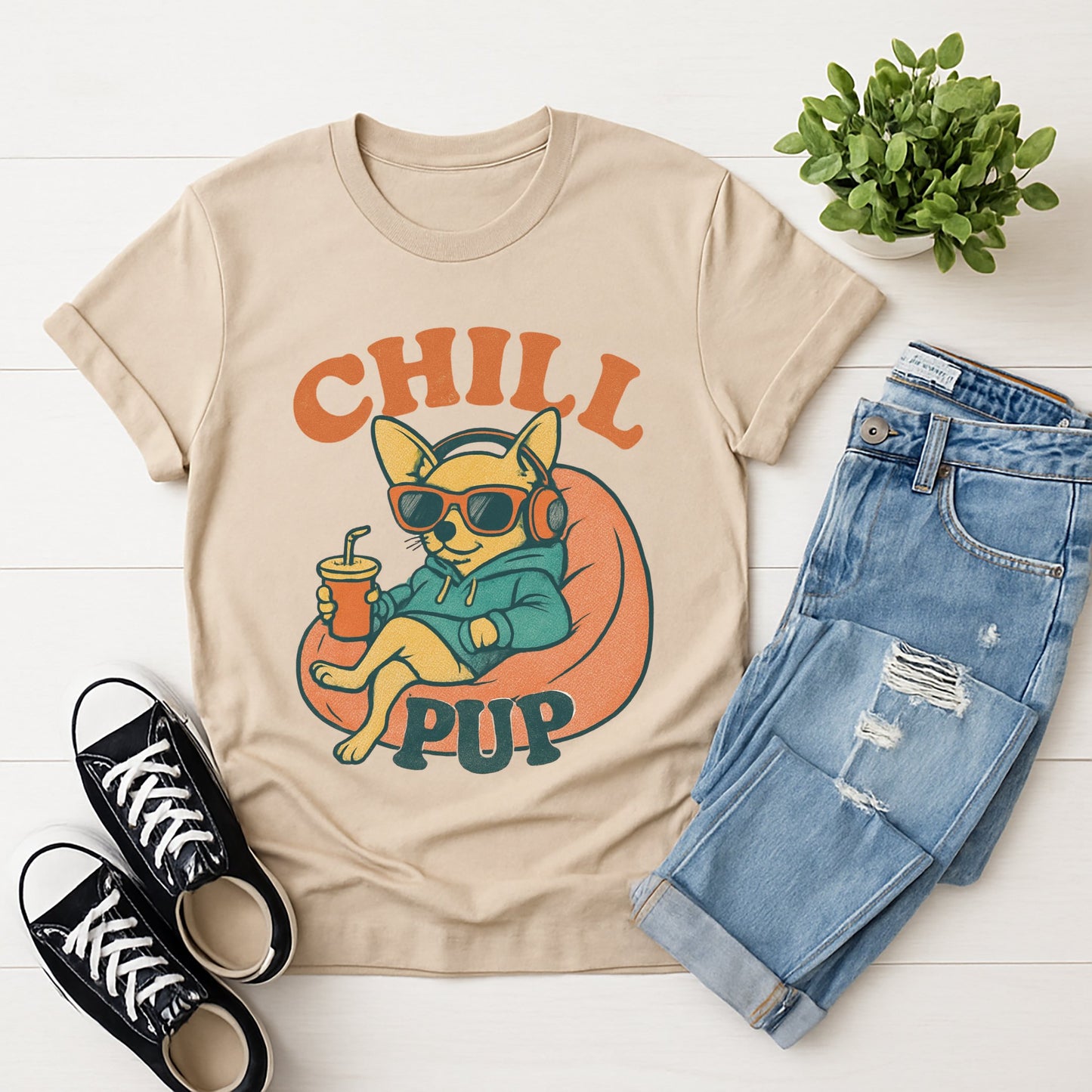 Sand Beige Gildan 6400 unisex t-shirt with retro dog graphic and ‘Chill Pup’ text, perfect for dog lovers.