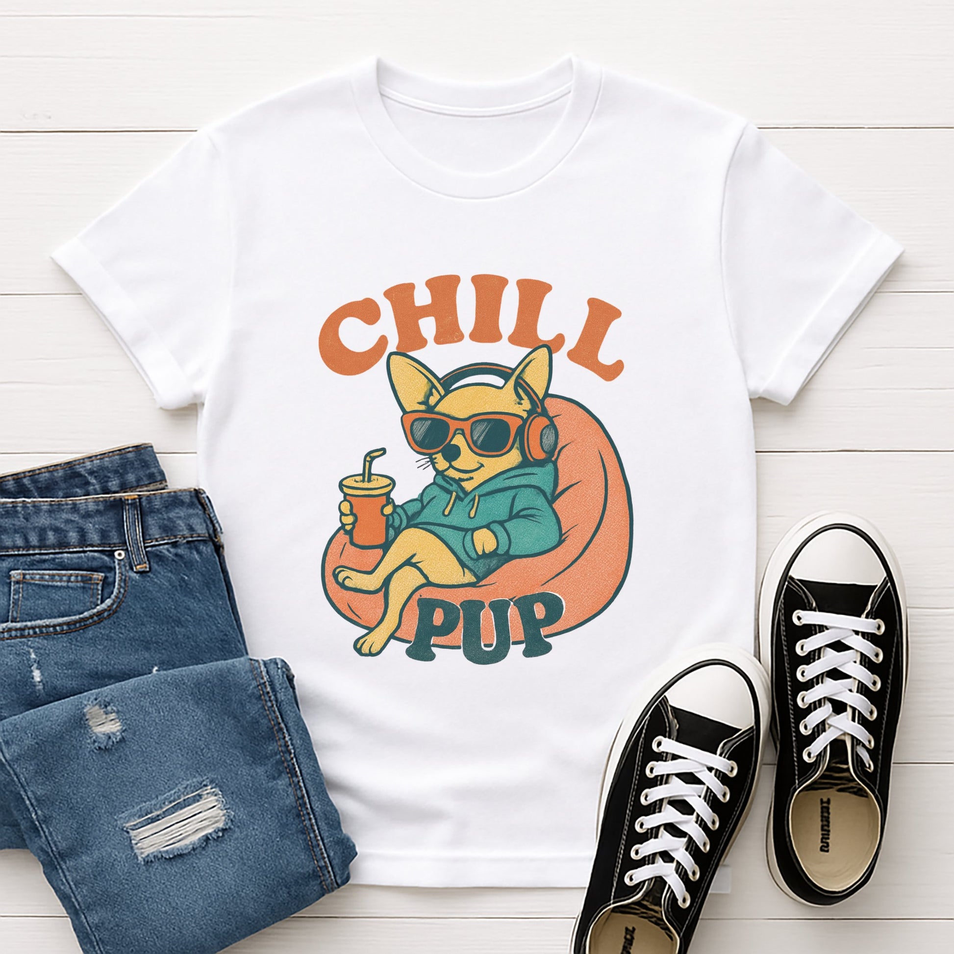 White Gildan 6400 unisex t-shirt with retro dog graphic and ‘Chill Pup’ text, perfect for dog lovers.