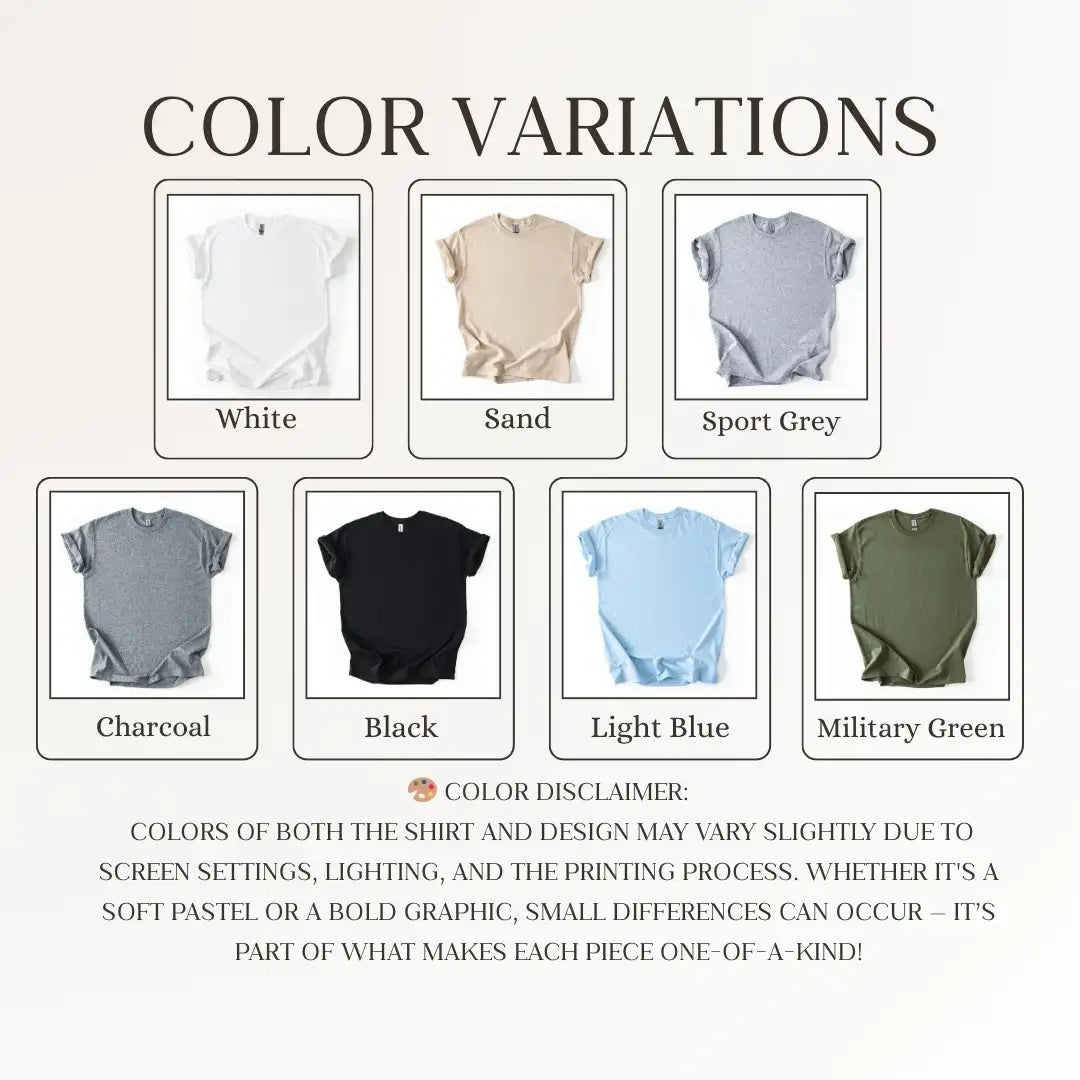 Color variations of shirts displayed with labels on a white background.