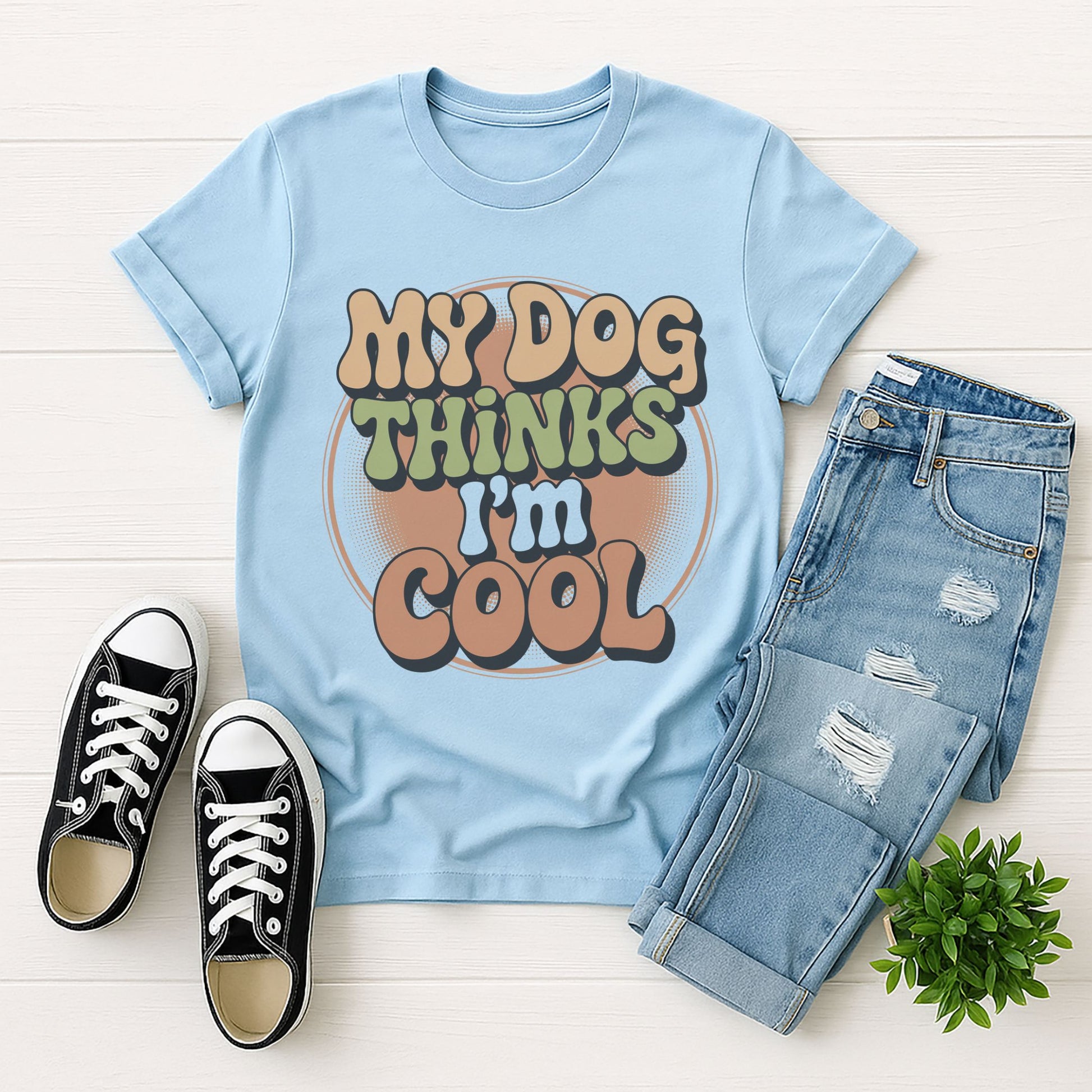 Light Blue Gildan 6400 unisex t-shirt with retro dog graphic and ‘My Dog Thinks I'm Cool' text, perfect for dog lovers.