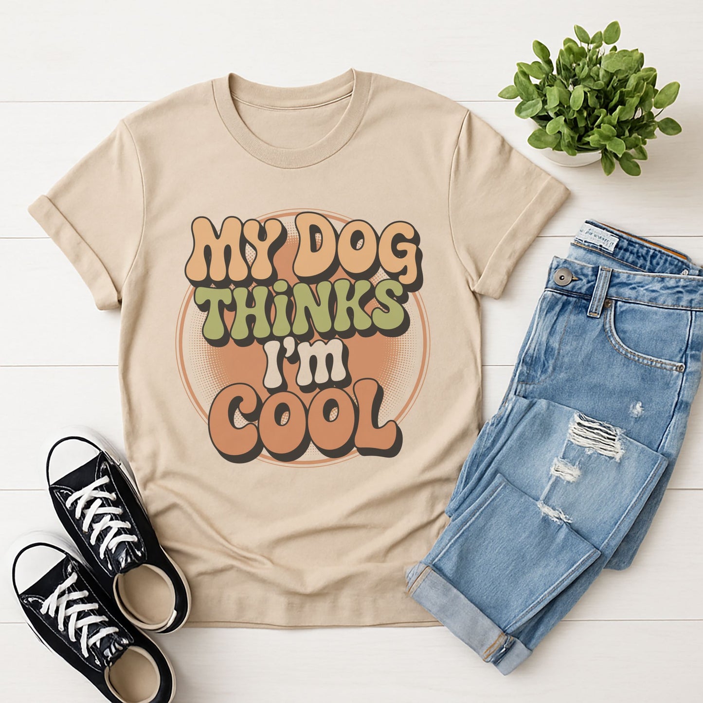 Sand Beige Gildan 6400 unisex t-shirt with retro dog graphic and ‘My Dog Thinks I'm Cool' text, perfect for dog lovers.