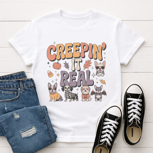 White Gildan 6400 unisex t-shirt with retro dog graphic and ‘Creepin' It Real' text, perfect for dog lovers.