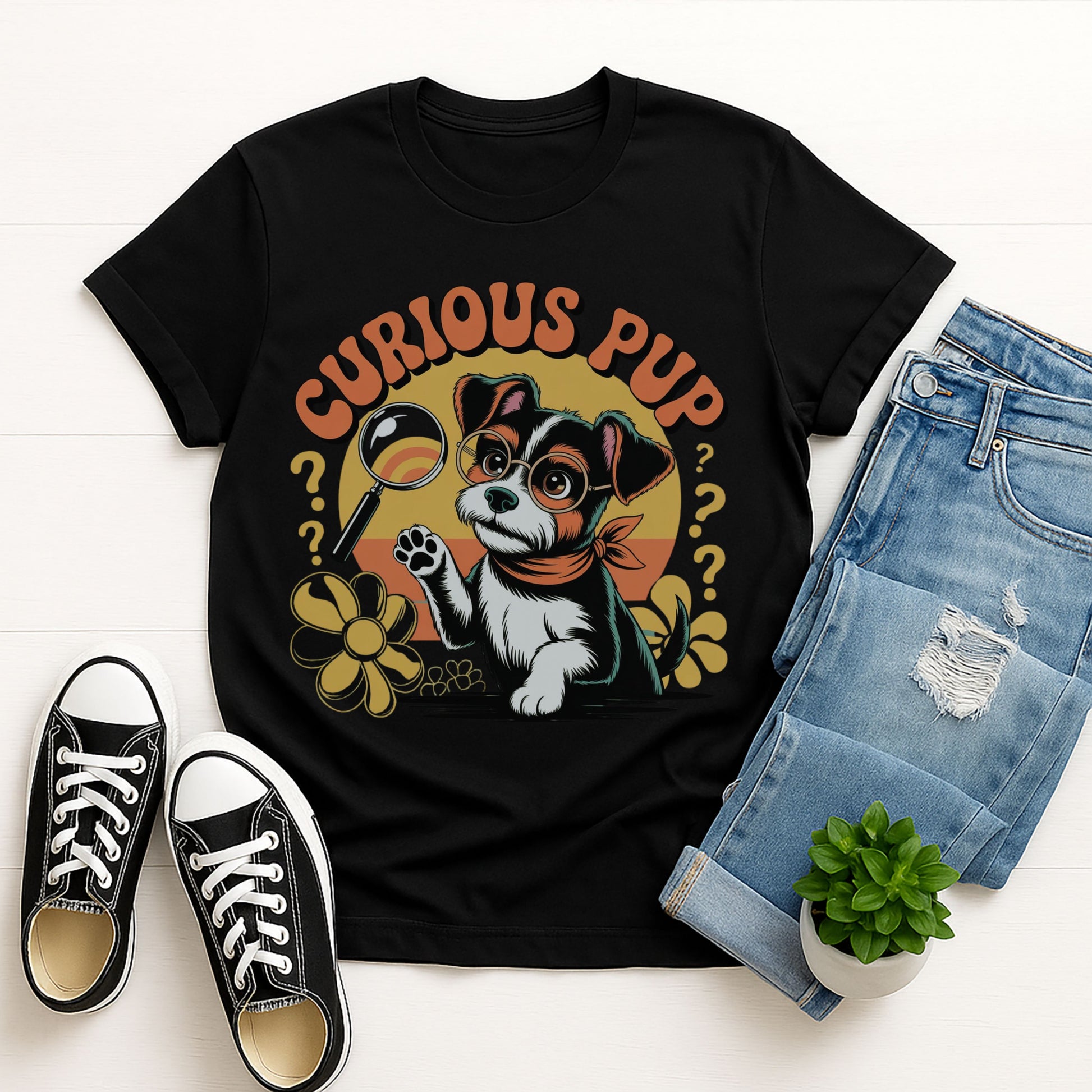Black Gildan 6400 unisex t-shirt with retro dog graphic and ‘Curious Pup’ text, perfect for dog lovers.