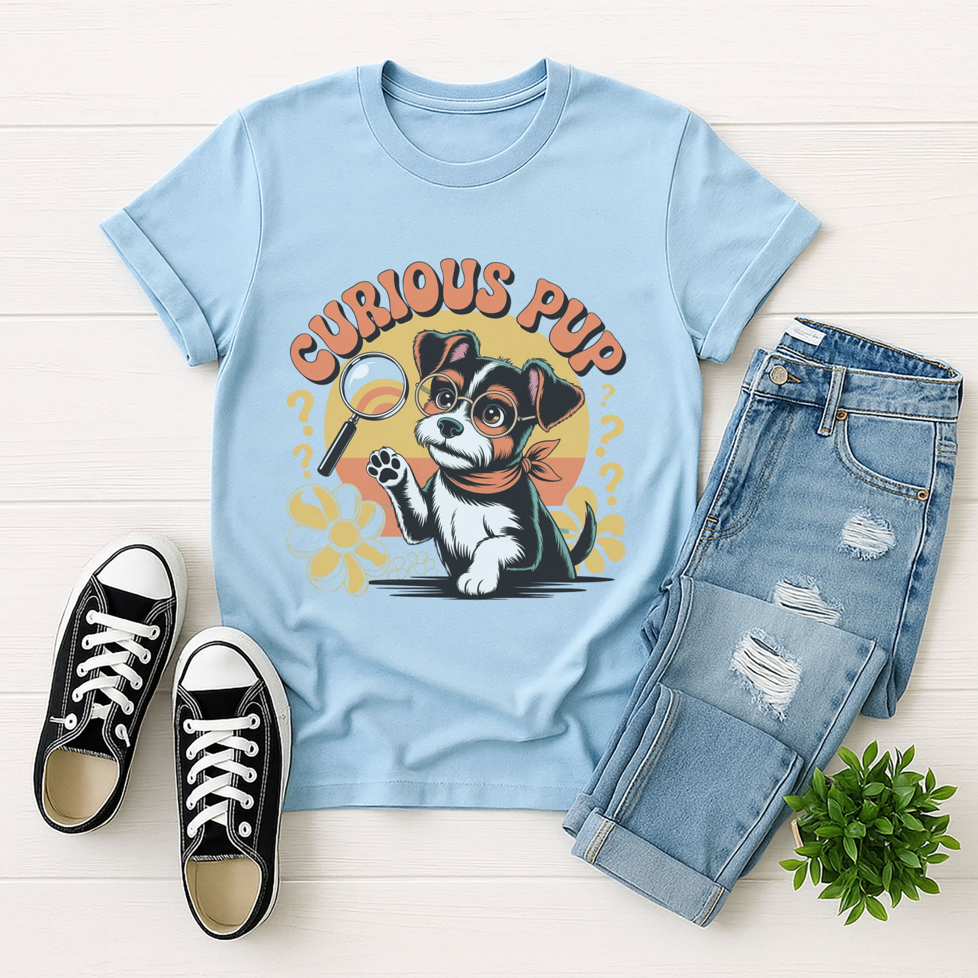 Light Blue Gildan 6400 unisex t-shirt with retro dog graphic and ‘Curious Pup’ text, perfect for dog lovers.