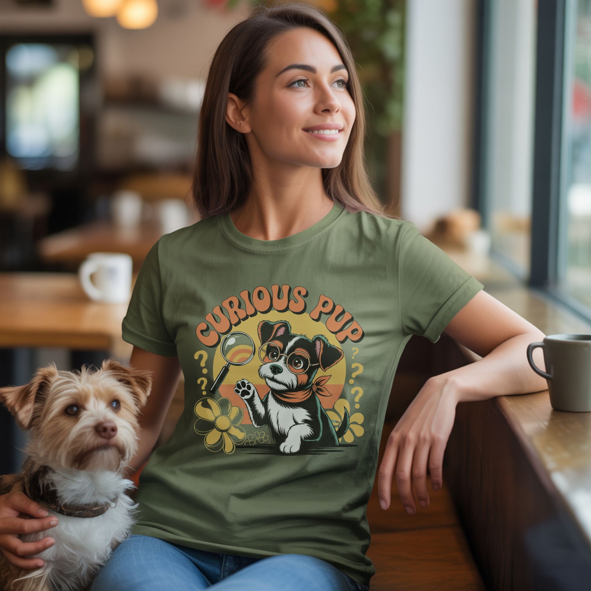 Military Green unisex t-shirt with retro dog graphic and ‘Curious Pup’ text, perfect for dog lovers.