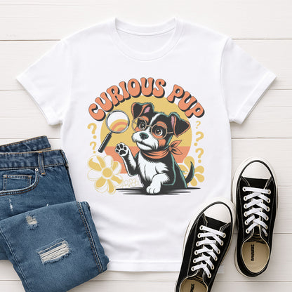 White Gildan 6400 unisex t-shirt with retro dog graphic and ‘Curious Pup’ text, perfect for dog lovers.