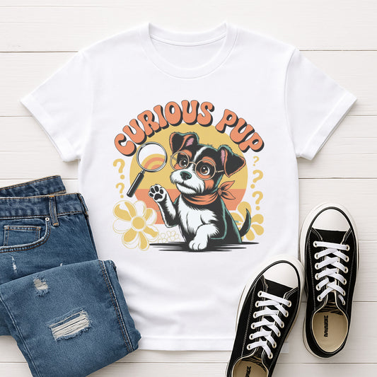 White Gildan 6400 unisex t-shirt with retro dog graphic and ‘Curious Pup’ text, perfect for dog lovers.
