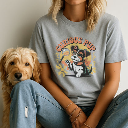 Sport Gray unisex t-shirt with retro dog graphic and ‘Curious Pup’ text, perfect for dog lovers.
