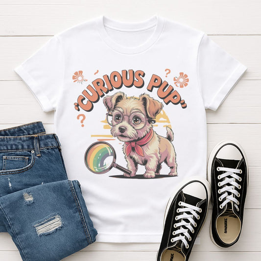 White Gildan 6400 unisex t-shirt with retro dog graphic and ‘Curious Pup text, perfect for dog lovers.