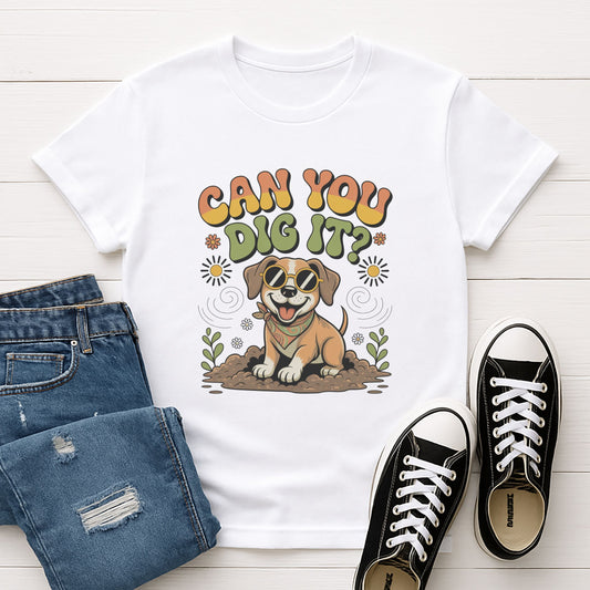 White Gildan 6400 unisex t-shirt with retro dog graphic and ‘Can You Dig It?’ text, perfect for dog lovers.