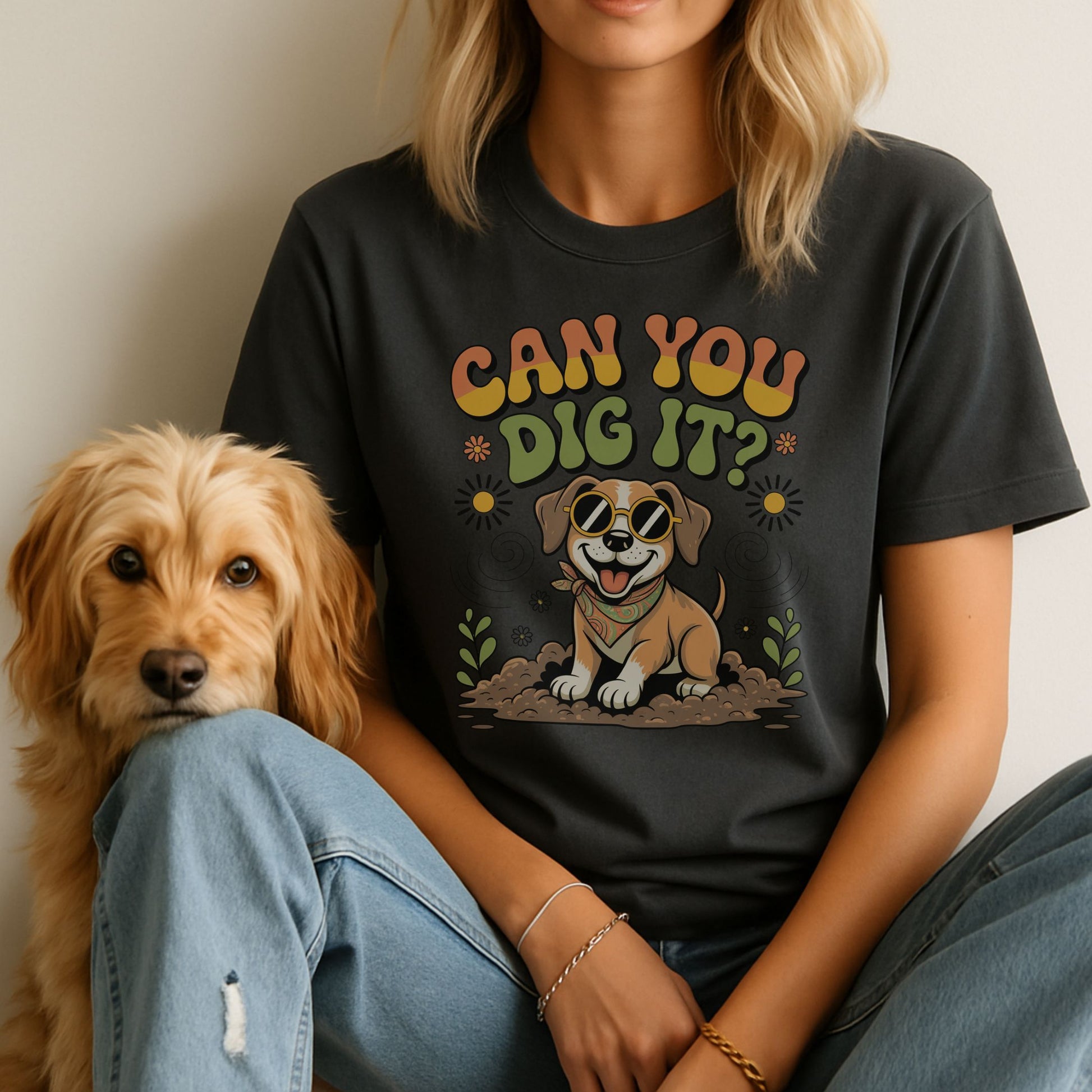 Unisex t-shirt with retro dog graphic and ‘Can You Dig It?’ text, perfect for dog lovers.