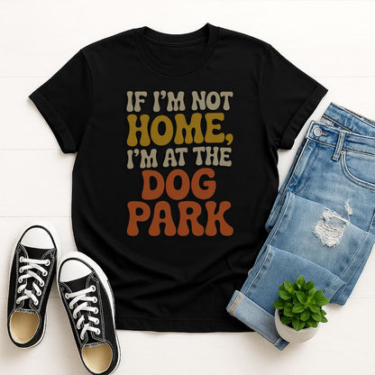 Black Gildan 6400 unisex t-shirt with retro dog graphic and ‘If I'm Not Home, I'm At The Dog Park’ text, perfect for dog lovers.