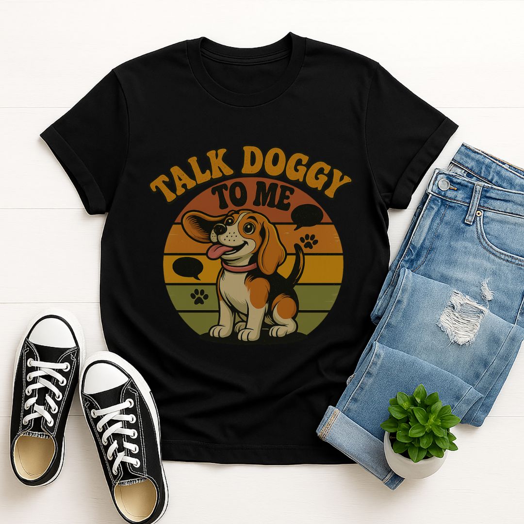 Black Gildan 6400 unisex t-shirt with retro dog graphic and ‘Talk Doggy To Me text, perfect for dog lovers.