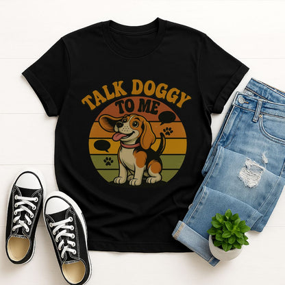 Black Gildan 6400 unisex t-shirt with retro dog graphic and ‘Talk Doggy To Me text, perfect for dog lovers.