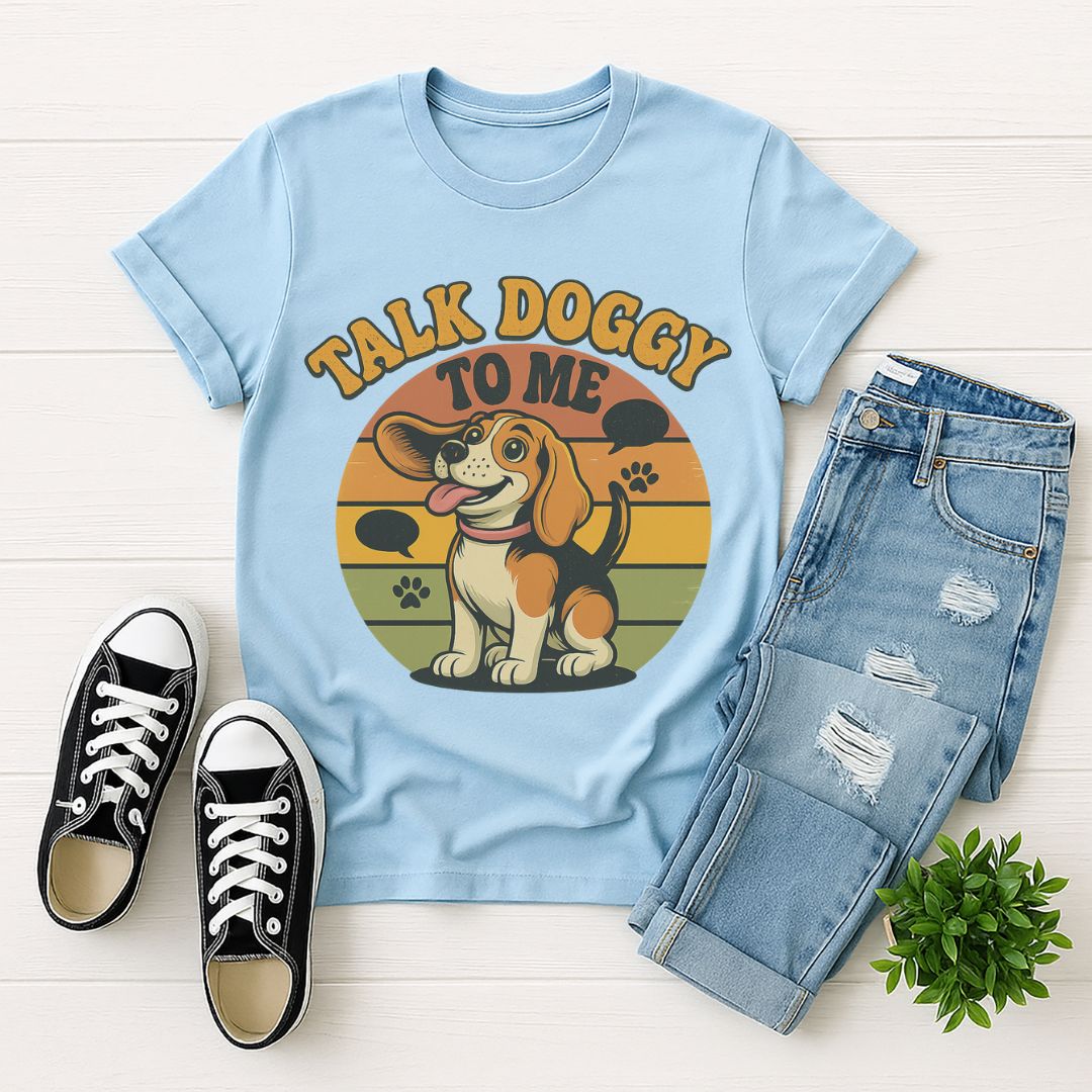 Light Blue Gildan 6400 unisex t-shirt with retro dog graphic and ‘Talk Doggy To Me text, perfect for dog lovers.