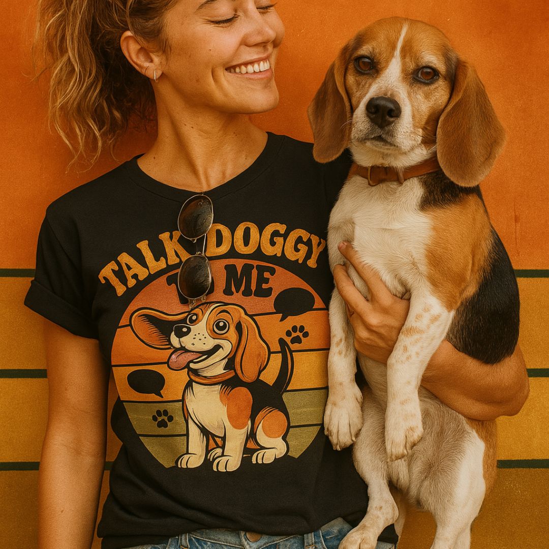 Black unisex t-shirt with retro dog graphic and ‘Talk Doggy To Me text, perfect for dog lovers.