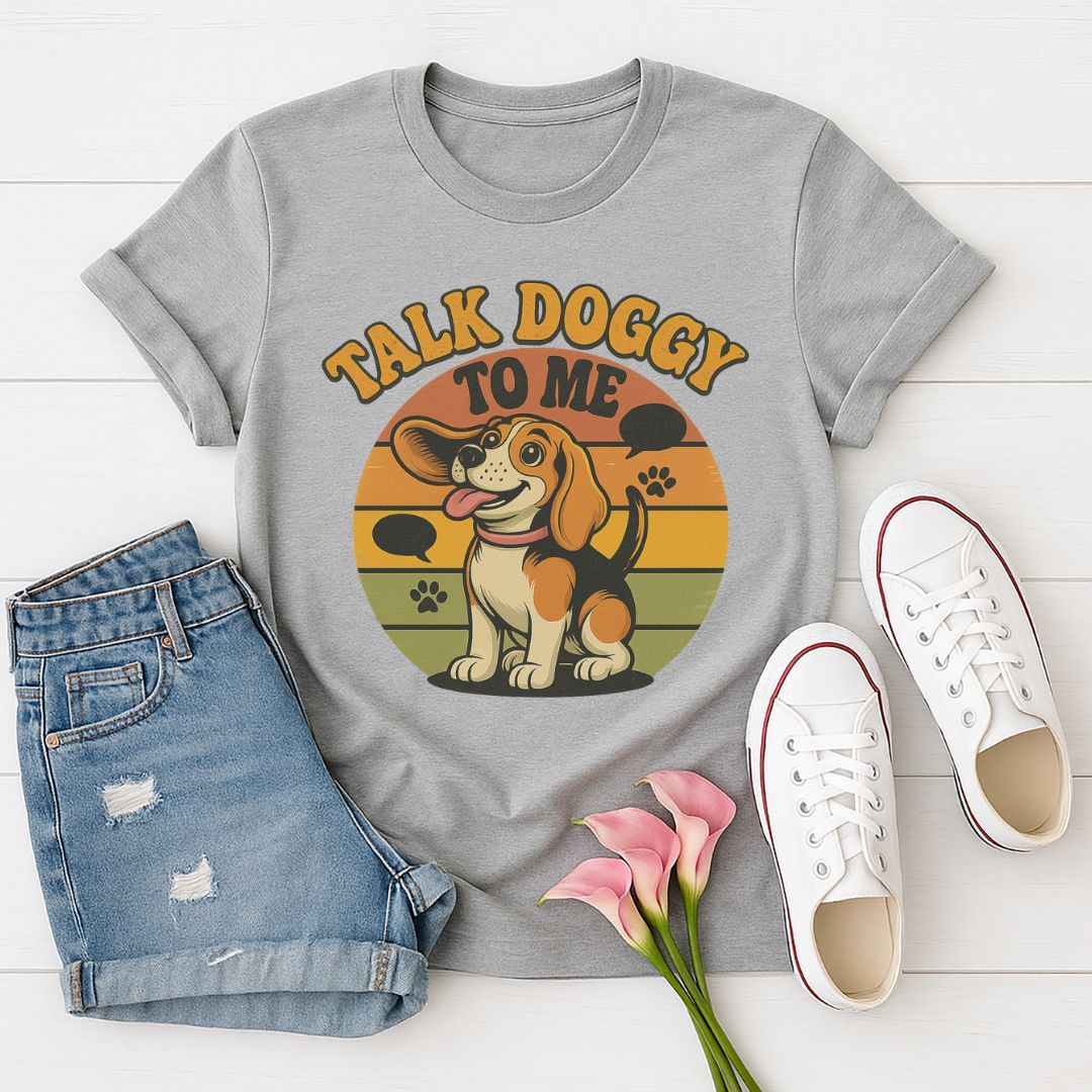 Sport Gray Gildan 6400 unisex t-shirt with retro dog graphic and ‘Talk Doggy To Me text, perfect for dog lovers.