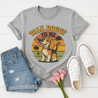 Sport Gray Gildan 6400 unisex t-shirt with retro dog graphic and ‘Talk Doggy To Me text, perfect for dog lovers.