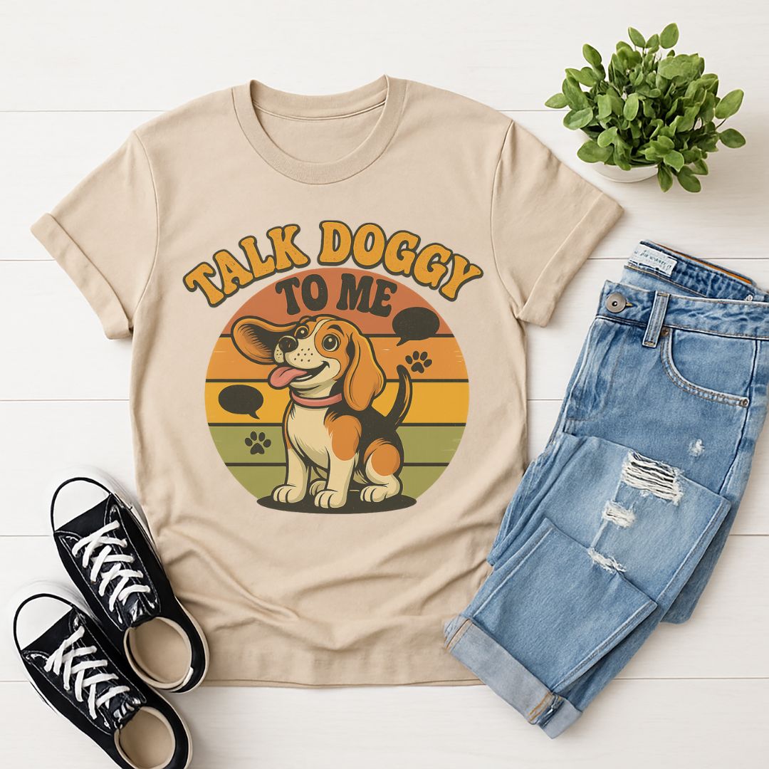 Sand Gildan 6400 unisex t-shirt with retro dog graphic and ‘Talk Doggy To Me text, perfect for dog lovers.