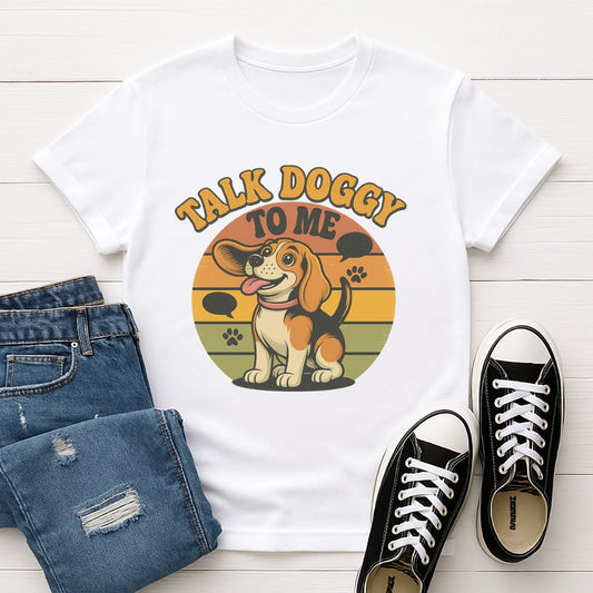 White Gildan 6400 unisex t-shirt with retro dog graphic and ‘Talk Doggy To Me text, perfect for dog lovers.