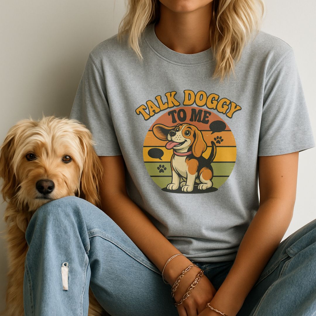 Sport Gray unisex t-shirt with retro dog graphic and ‘Talk Doggy To Me text, perfect for dog lovers.