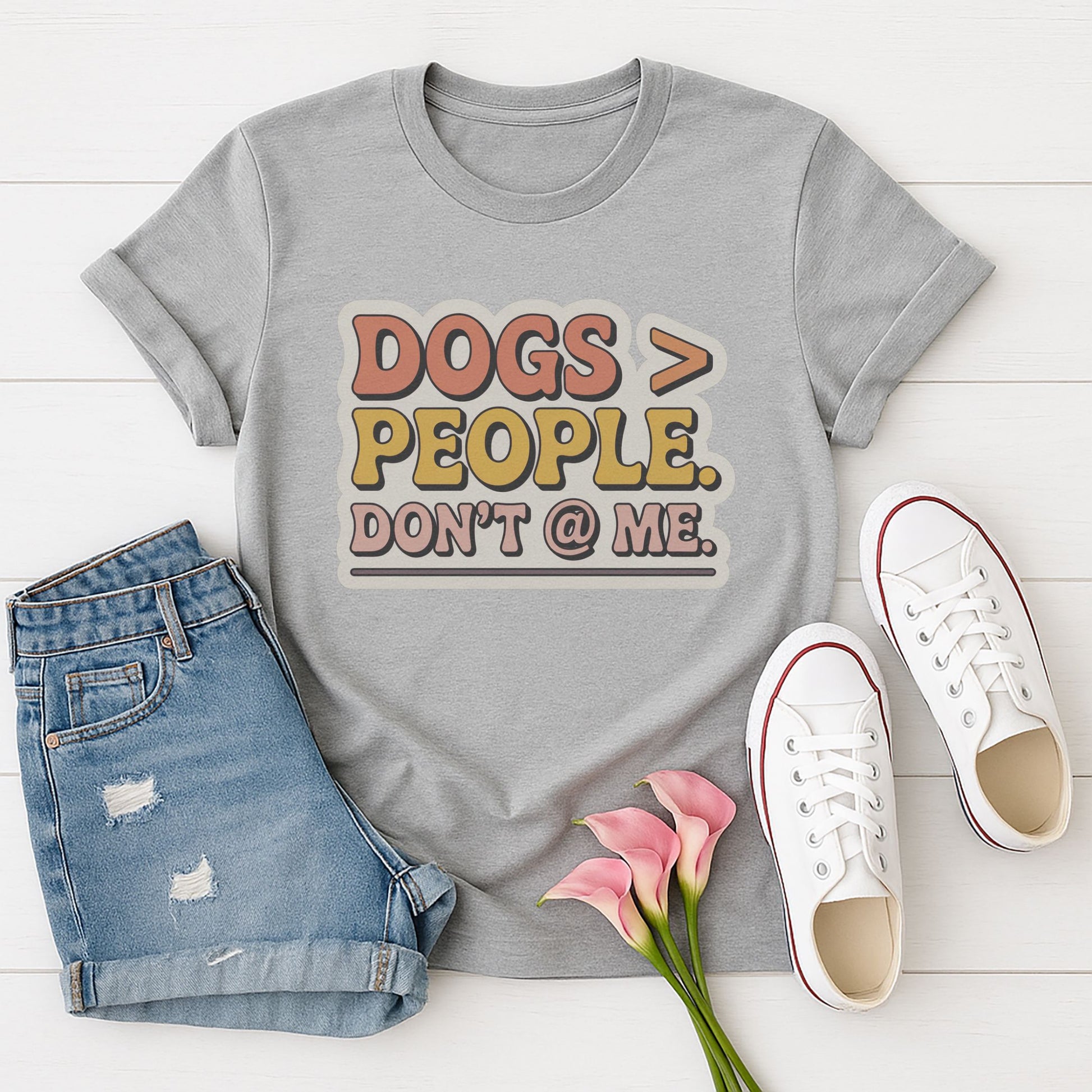 Sport Gray Gildan 6400 unisex t-shirt with retro dog graphic and ‘Dogs > People. Don't @ Me’ text, perfect for dog lovers.