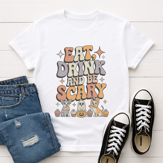 White Gildan 6400 unisex t-shirt with retro dog graphic and ‘Eat, Drink And Be Scary' text, perfect for dog lovers.