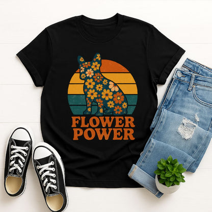 Black Gildan 6400 unisex t-shirt with retro dog graphic and ‘Flower Power’ text, perfect for dog lovers.