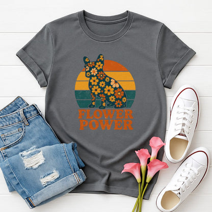 Charcoal Gray Gildan 6400 unisex t-shirt with retro dog graphic and ‘Flower Power’ text, perfect for dog lovers.
