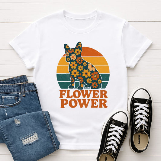 White Gildan 6400 unisex t-shirt with retro dog graphic and ‘Flower Power’ text, perfect for dog lovers.