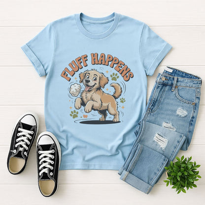Light Blue Gildan 6400 unisex t-shirt with retro dog graphic and ‘Fluff Happens’ text, perfect for dog lovers.