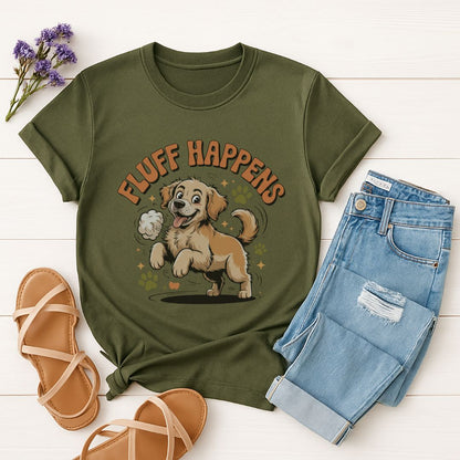 Military Green Gildan 6400 unisex t-shirt with retro dog graphic and ‘Fluff Happens’ text, perfect for dog lovers.