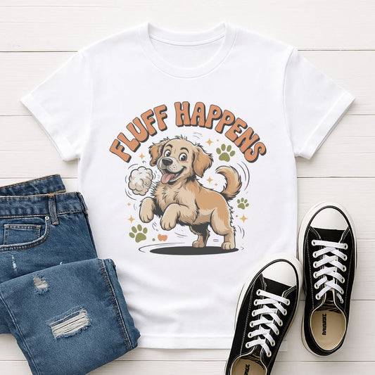White Gildan 6400 unisex t-shirt with retro dog graphic and ‘Fluff Happens’ text, perfect for dog lovers.