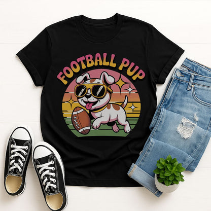 Black Gildan 6400 unisex t-shirt with retro dog graphic and ‘Football Pup’ text, perfect for dog lovers.