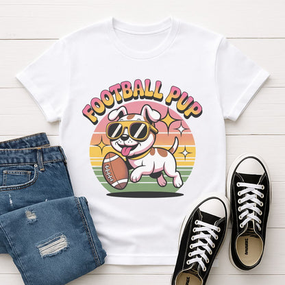 White Gildan 6400 unisex t-shirt with retro dog graphic and ‘Football Pup’ text, perfect for dog lovers.